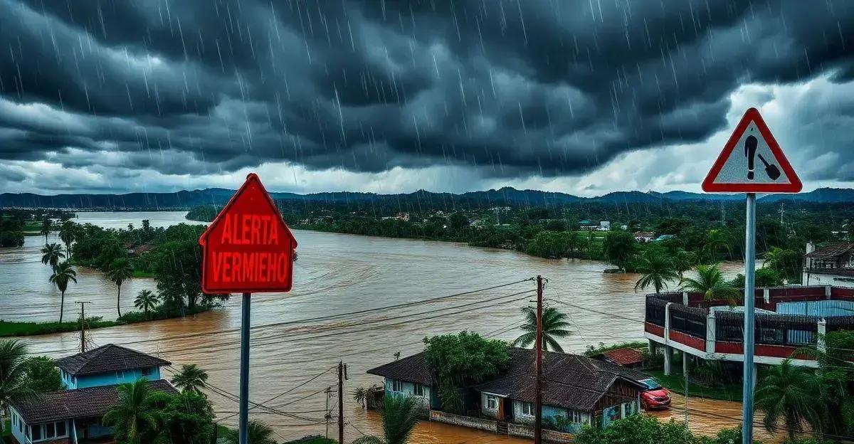 Alerta vermelho do Inmet para chuvas intensas no Rio Grande do Sul. Risco de inundações e danos.